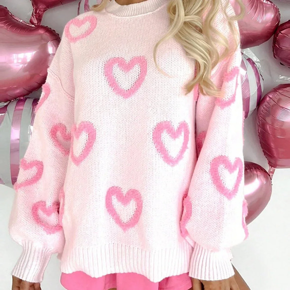 Pink Casual Women's Valentine's Day Heart Pattern Fuzzy Long Sleeve Sweater - Picture 1 of 6